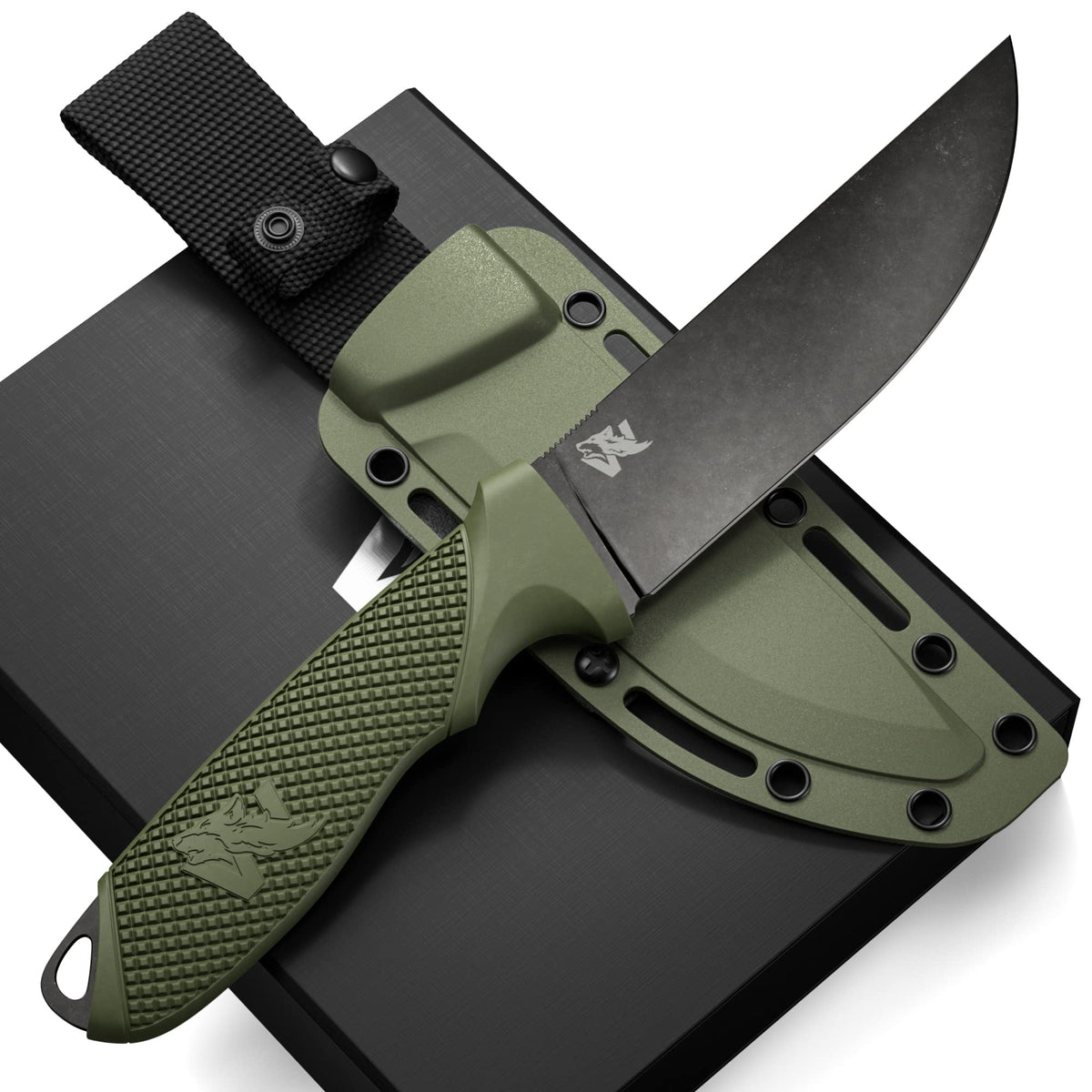 ODENWOLF W-FLAT Full Tang Survivalmesser mit Scheide - Stilvolles taktisches feststehendes Messer - Hergestellt aus D2 Stahl - Bushcraft und Camping Messer Survival - Perfektes EDC Jagdmesser mit TPE Griff