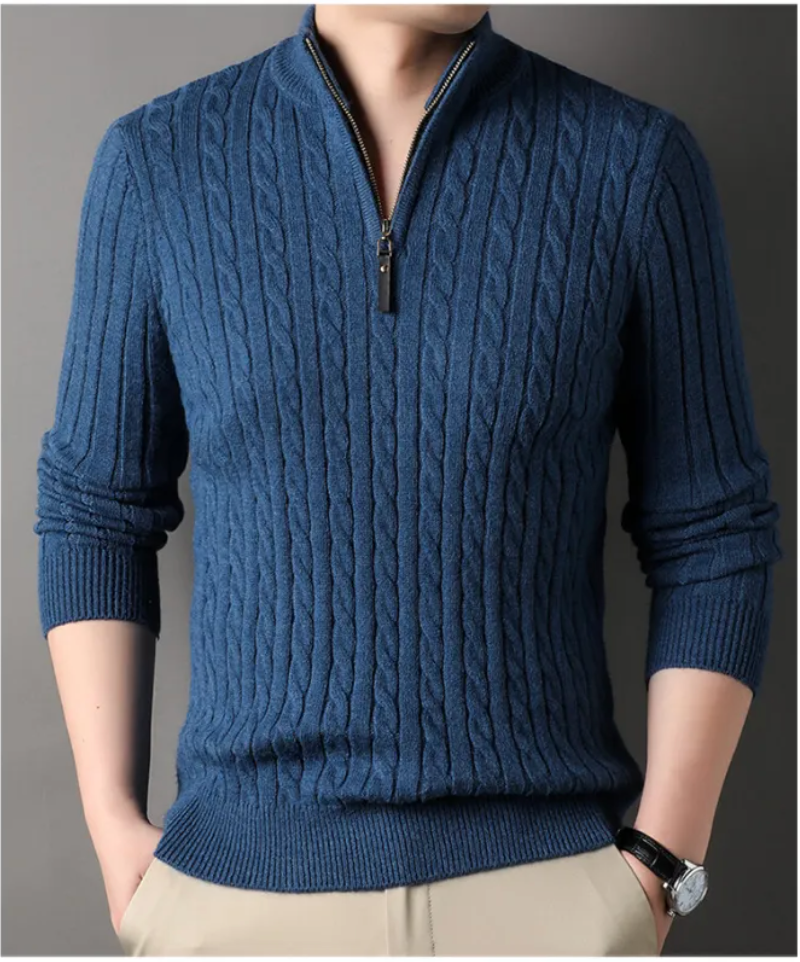 Neuer Herren-Strickpullover mit halbem Reißverschluss und Unifarbe