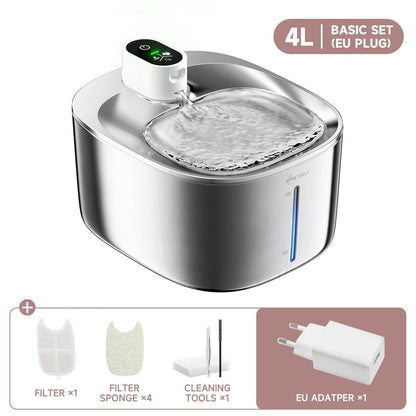 4L Kabelloser Katzenbrunnen - Automatischer Sensor-Tierbrunnen mit Batterie | Kabelloser Wasserspender aus Edelstahl für Hunde & Katzen