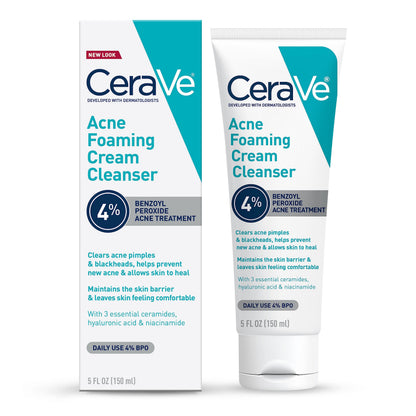 CeraVe Acne Schäumendes Cremereinigungsmittel 4% Benzoylperoxid Gesichtswaschmittel mit Hyaluronsäure, Niacinamid und Ceramiden Sanfte tägliche Aknebehandlung für das Gesicht