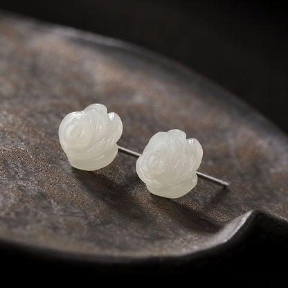 S925 Silber Weiße Rosen-Jade-Ohrstecker für Damen