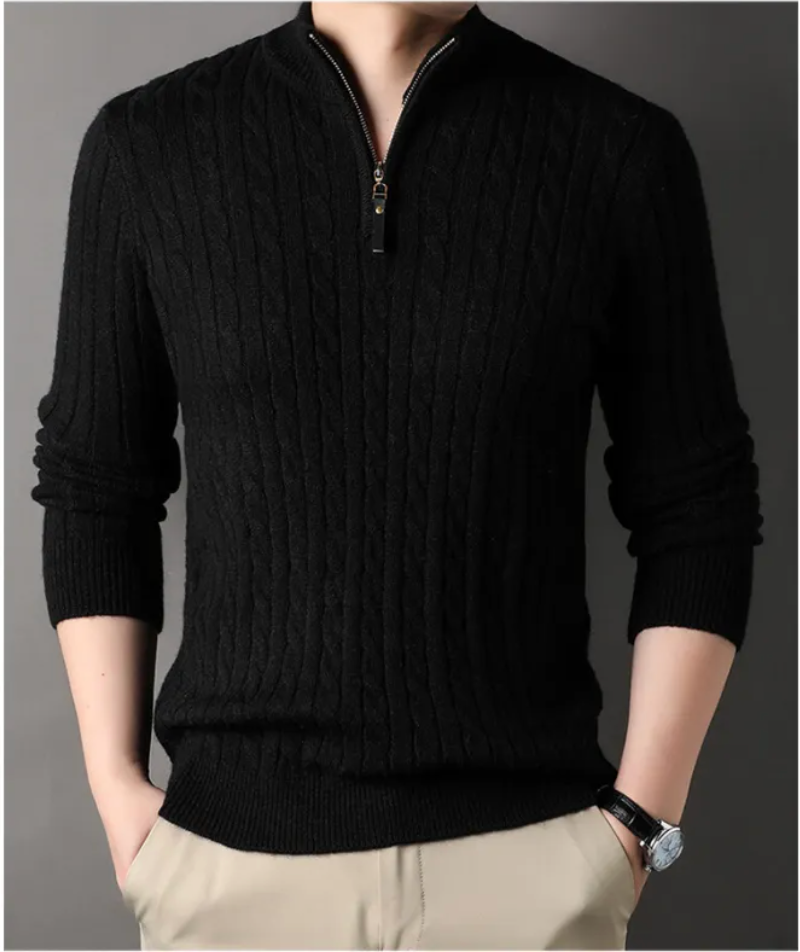 Neuer Herren-Strickpullover mit halbem Reißverschluss und Unifarbe