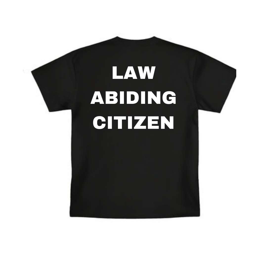Black Law Abiding Citizen Shirt with Forged Racing logo and bold back graphic, 100% cotton, designed in California.