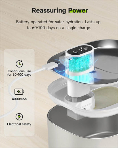 4L Kabelloser Katzenbrunnen - Automatischer Sensor-Tierbrunnen mit Batterie | Kabelloser Wasserspender aus Edelstahl für Hunde & Katzen