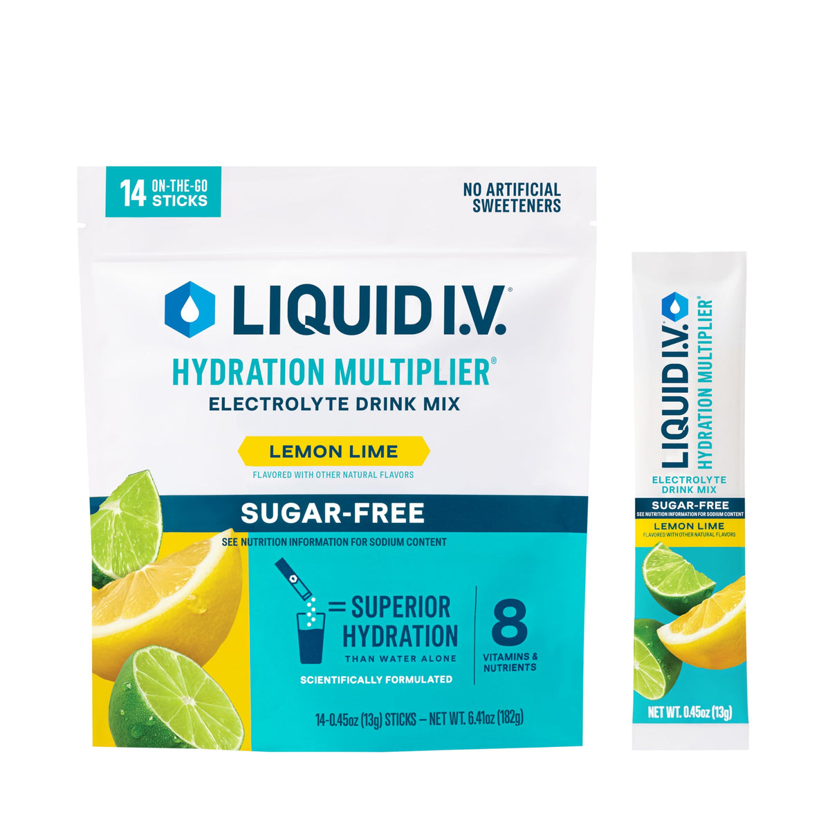 LIQUID I.V. Sugar-Free Hydration Multiplier – Lemon Lime – Pulver-Sticks für Elektrolyt-Getränke | Elektrolyte Gelb