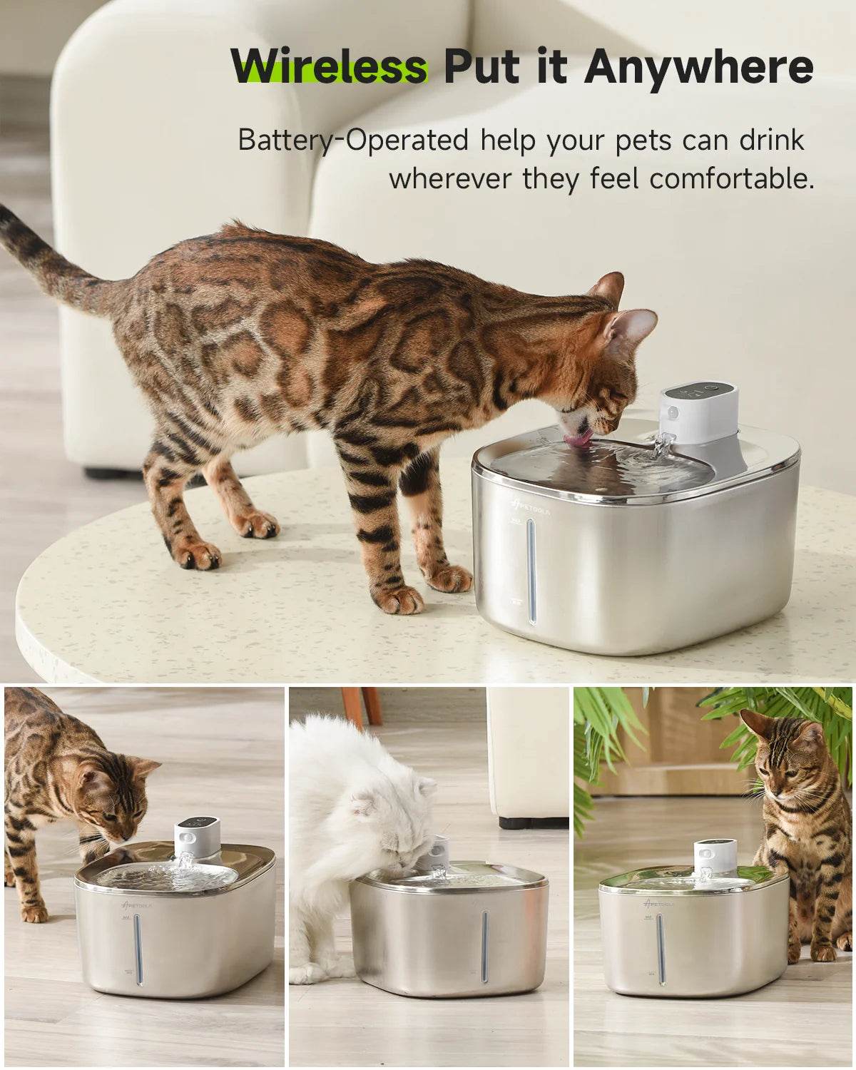 4L Kabelloser Katzenbrunnen - Automatischer Sensor-Tierbrunnen mit Batterie | Kabelloser Wasserspender aus Edelstahl für Hunde & Katzen