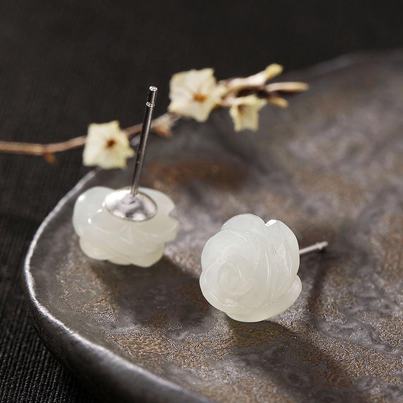 S925 Silber Weiße Rosen-Jade-Ohrstecker für Damen