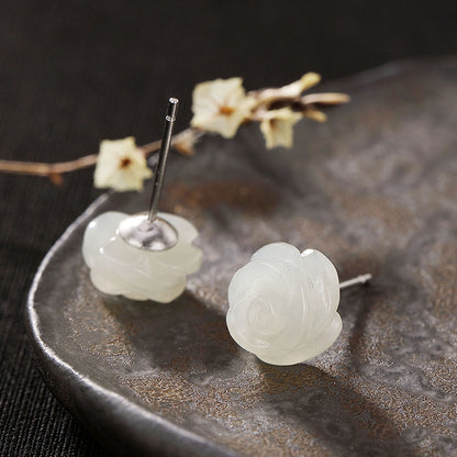 S925 Silber Weiße Rosen-Jade-Ohrstecker für Damen
