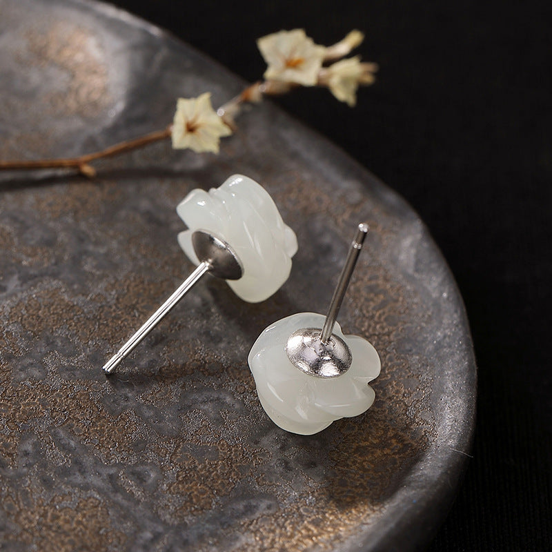 S925 Silber Weiße Rosen-Jade-Ohrstecker für Damen