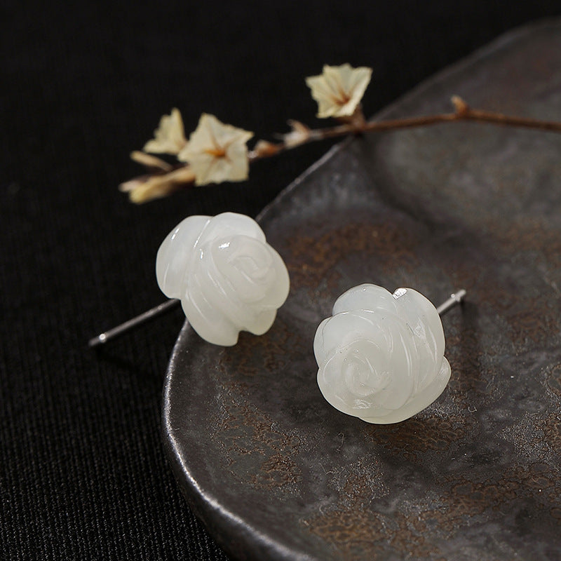 S925 Silber Weiße Rosen-Jade-Ohrstecker für Damen