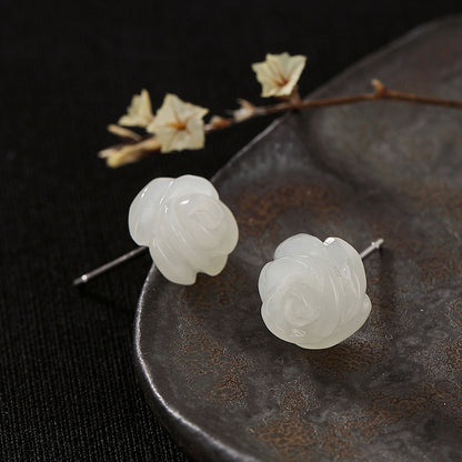 S925 Silber Weiße Rosen-Jade-Ohrstecker für Damen